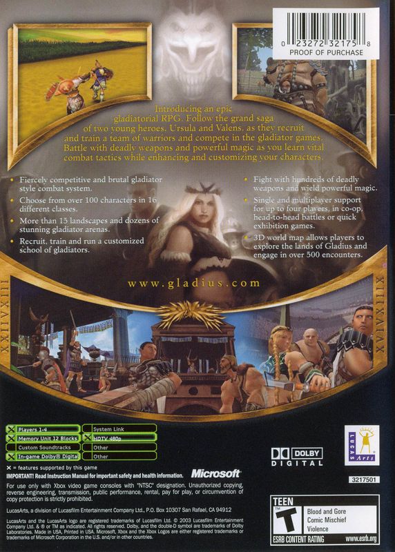 Back Cover for Gladius (Xbox)