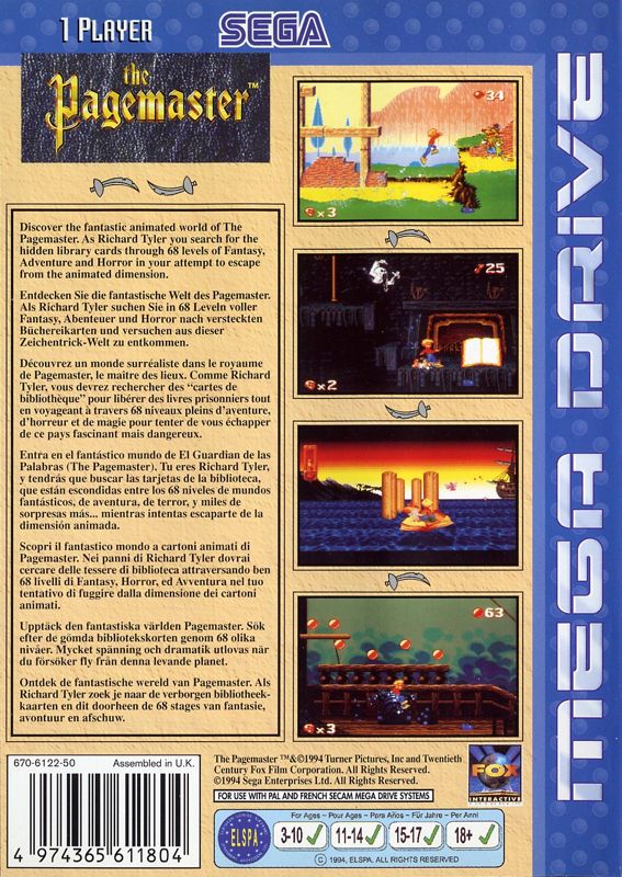 Back Cover for The Pagemaster (Genesis)