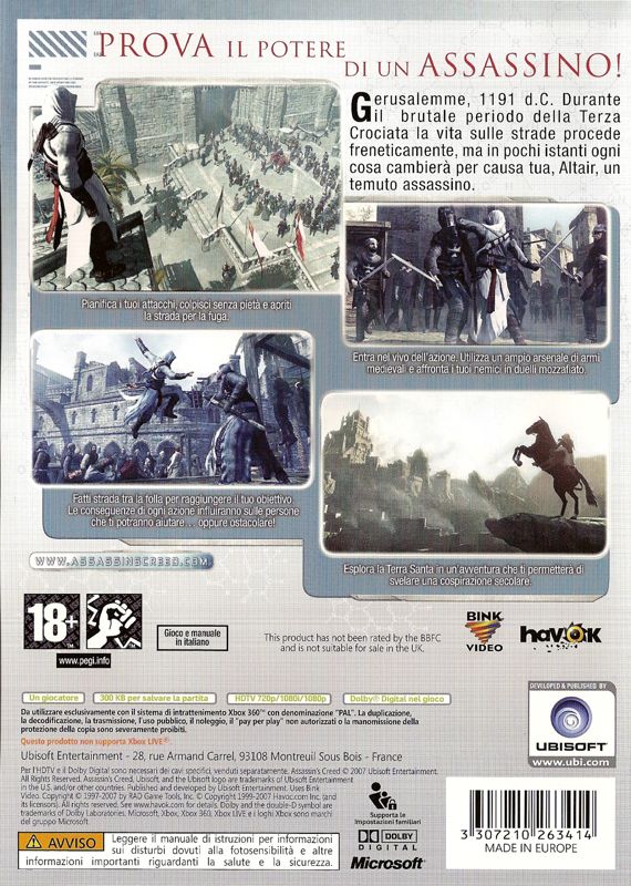 Back Cover for Assassin's Creed (Xbox 360)