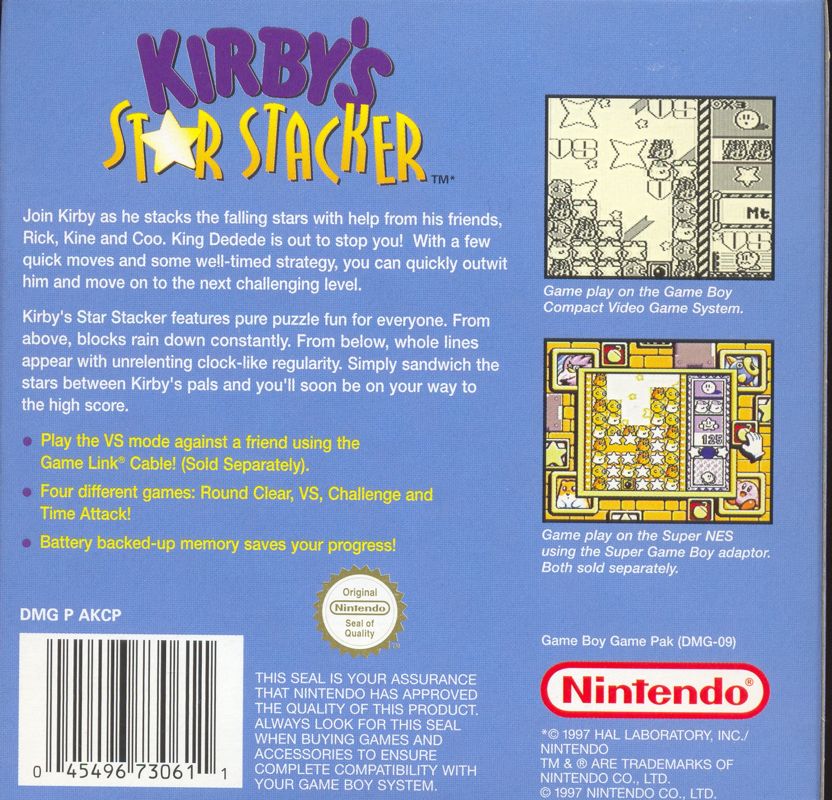 Back Cover for Kirby's Star Stacker (Game Boy)