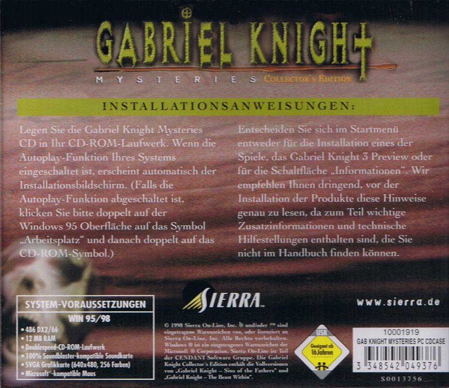 Other for Gabriel Knight Mysteries: Limited Edition (DOS and Windows and Windows 3.x): Sins of the Fathers - Jewel Case - Back