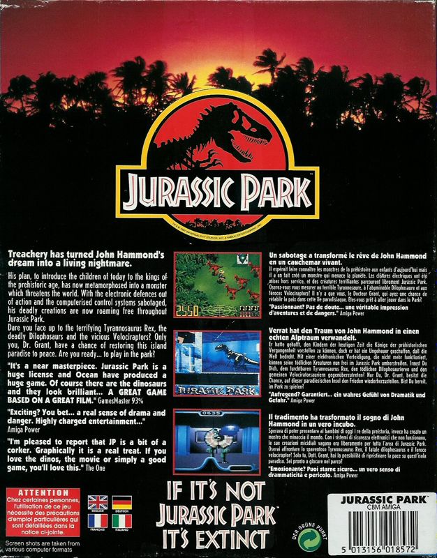 Back Cover for Jurassic Park (Amiga)