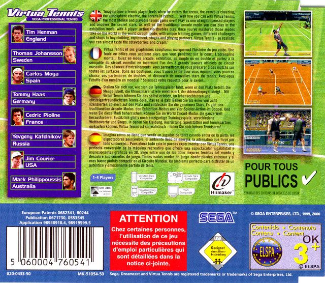 Back Cover for Virtua Tennis (Dreamcast)