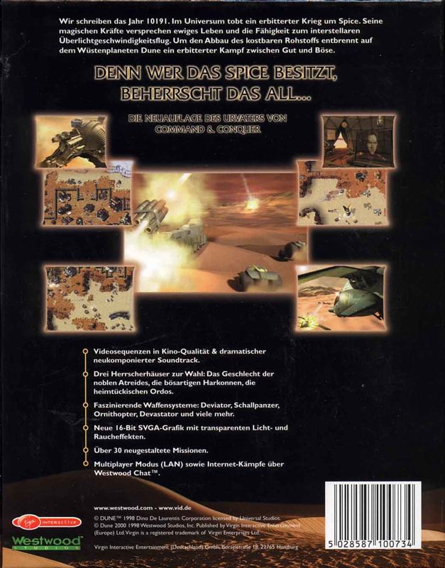 Back Cover for Dune 2000 (Windows) (Virgin release)