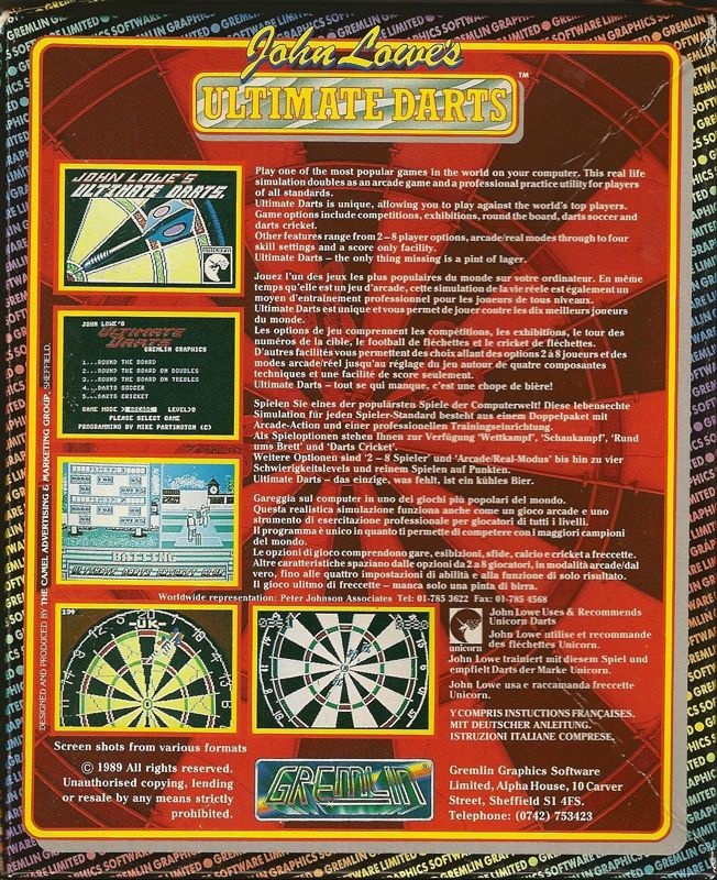 Back Cover for John Lowe's Ultimate Darts (Commodore 64): Original 1989 Release