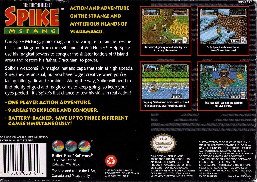 Back Cover for The Twisted Tales of Spike McFang (SNES)