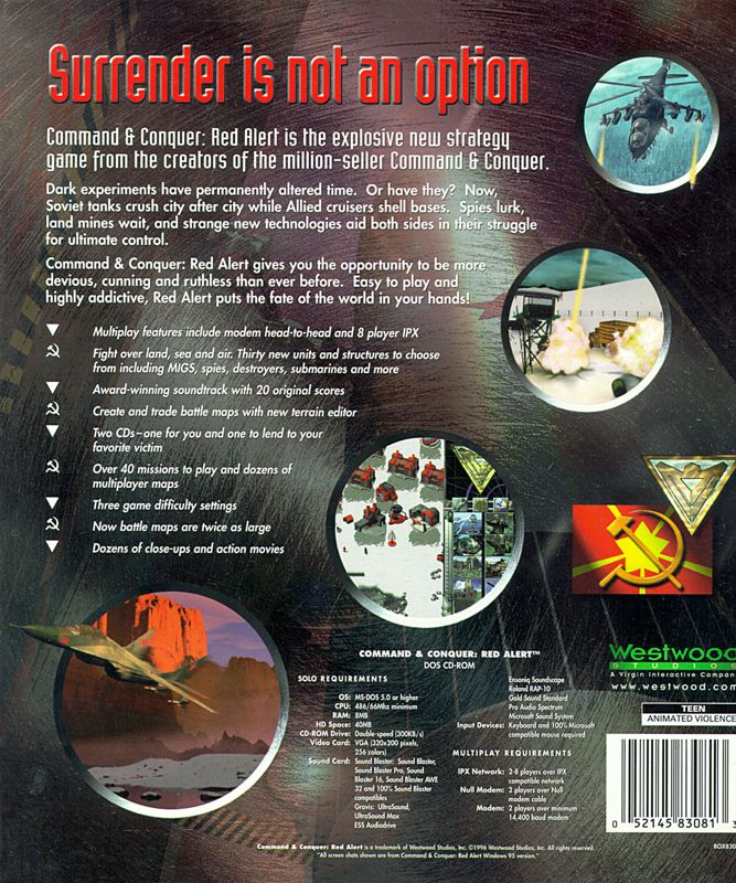 Back Cover for Command & Conquer: Red Alert (DOS and Windows) (Box with only DOS printed on the front (Windows also included on discs))