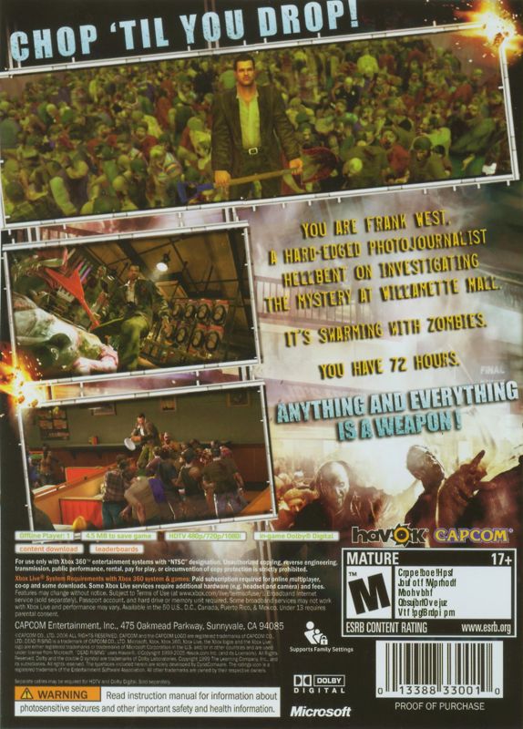 Back Cover for Dead Rising (Xbox 360) (Platinum Hits release)