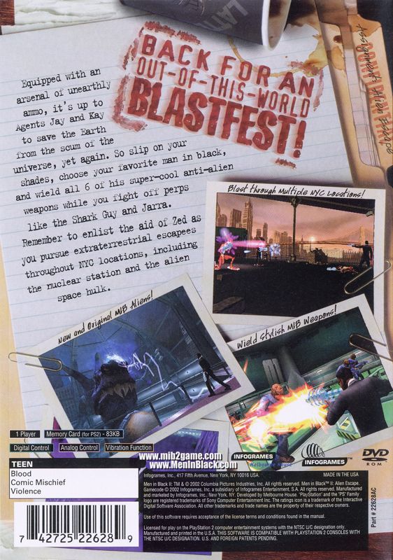 Back Cover for Men in Black II: Alien Escape (PlayStation 2)