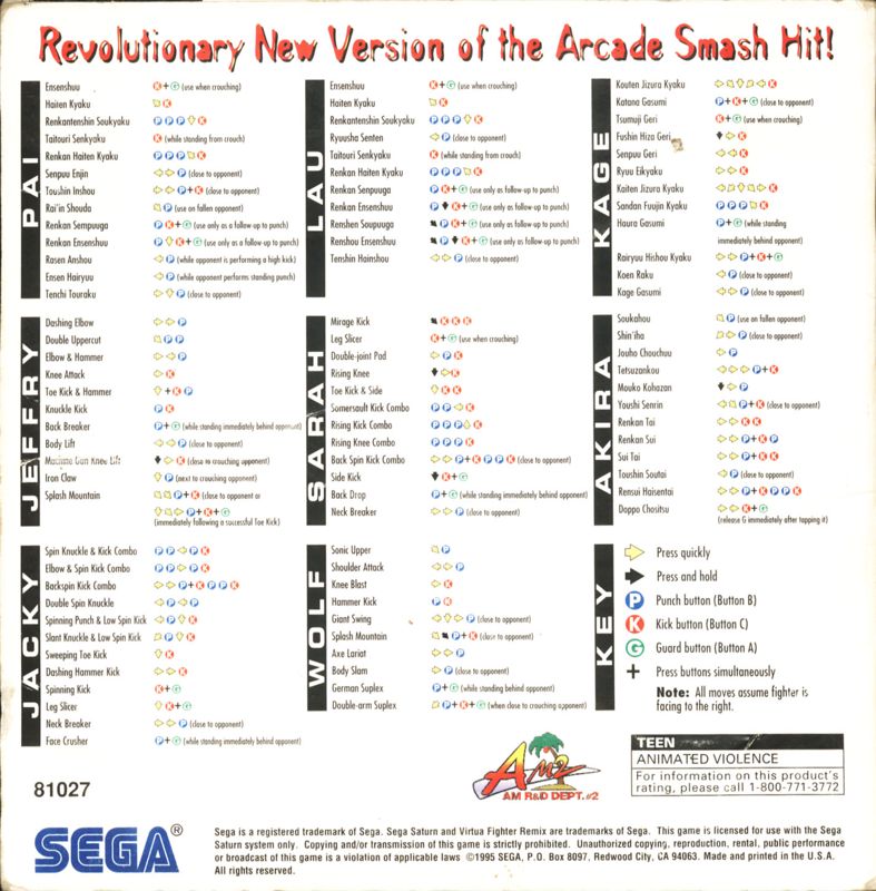 Back Cover for Virtua Fighter Remix (SEGA Saturn) (Not For Resale / Promotional Version.)