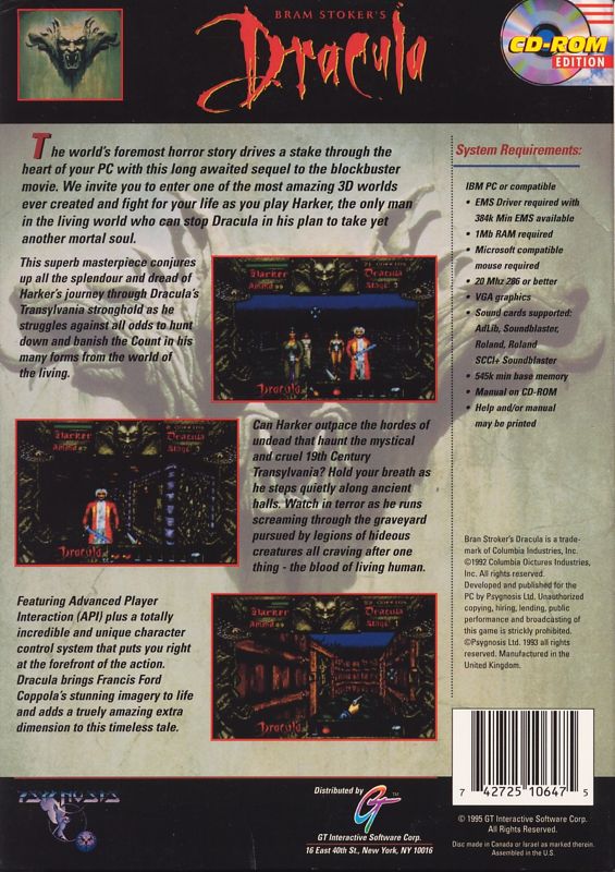 Back Cover for Bram Stoker's Dracula (DOS)