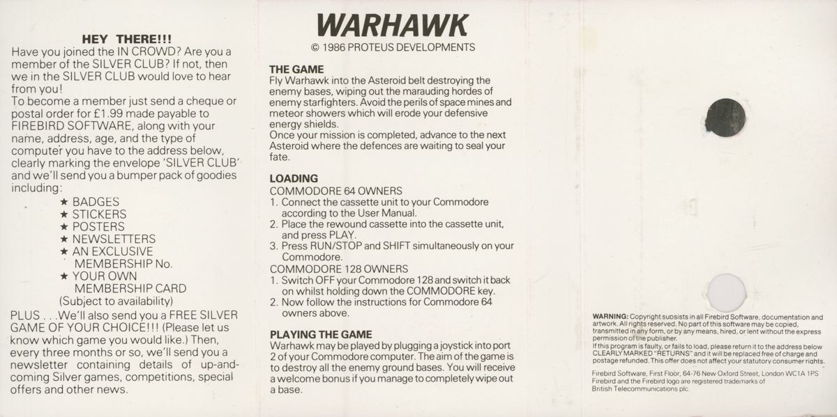 Inside Cover for War Hawk (Commodore 64)