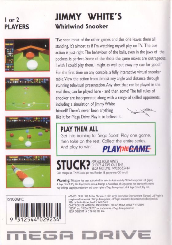 Back Cover for Jimmy White's 'Whirlwind' Snooker (Genesis)