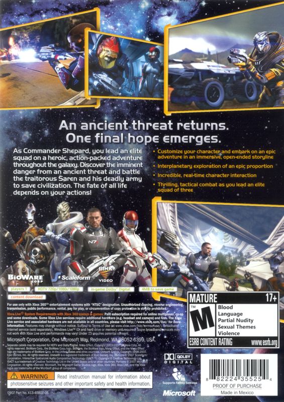 Back Cover for Mass Effect (Xbox 360)