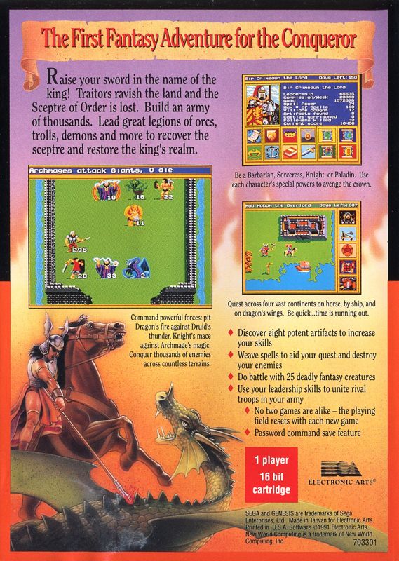 Back Cover for King's Bounty (Genesis)