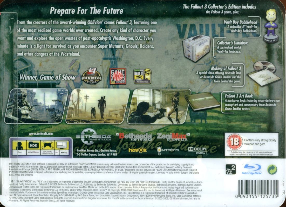 Back Cover for Fallout 3 (Collector's Edition) (PlayStation 3)