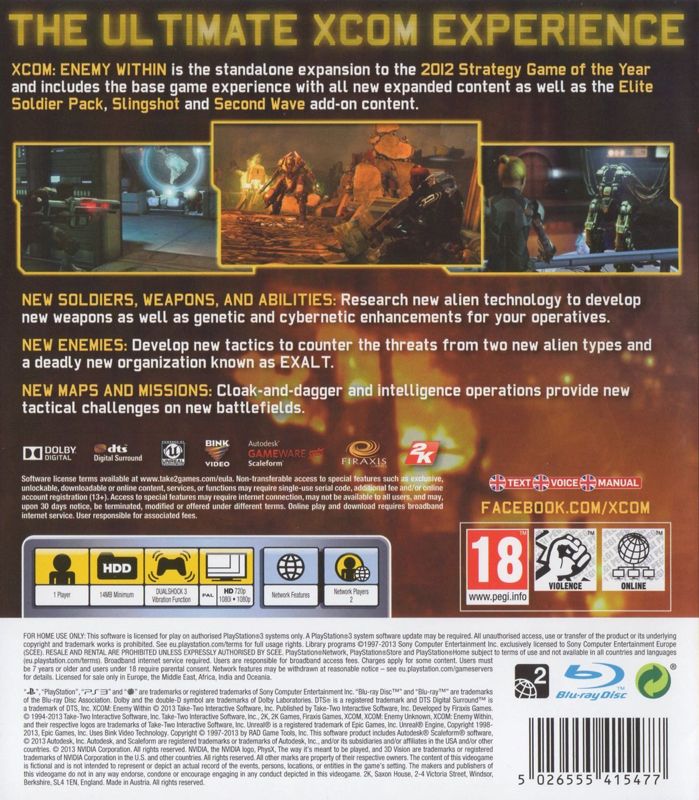 Back Cover for XCOM: Enemy Within (PlayStation 3) (European English release)