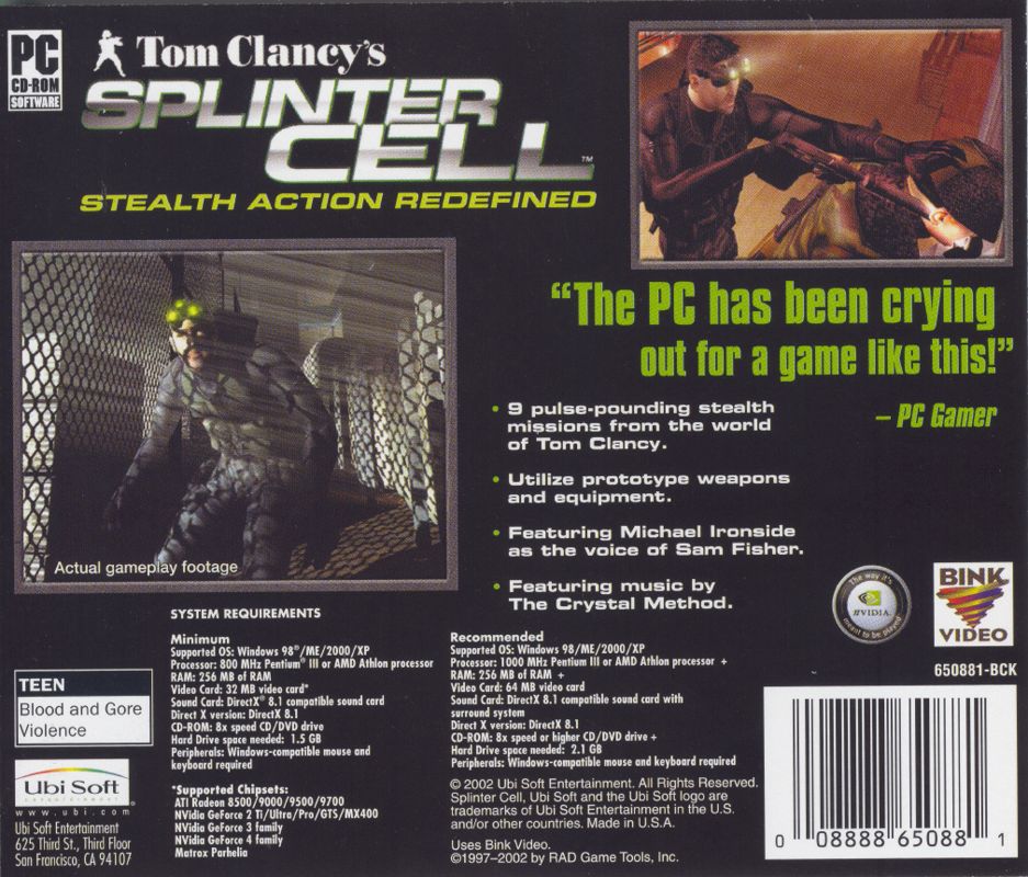 Other for Tom Clancy's Splinter Cell (Windows): Jewel Case - Back