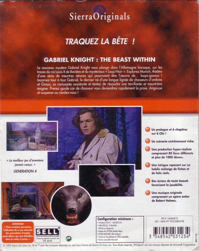 Back Cover for The Beast Within: A Gabriel Knight Mystery (DOS and Windows and Windows 3.x) (SierraOriginals release)