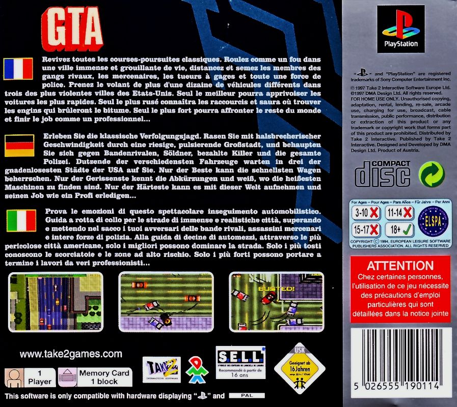 Back Cover for Grand Theft Auto (PlayStation) (Platinum release)
