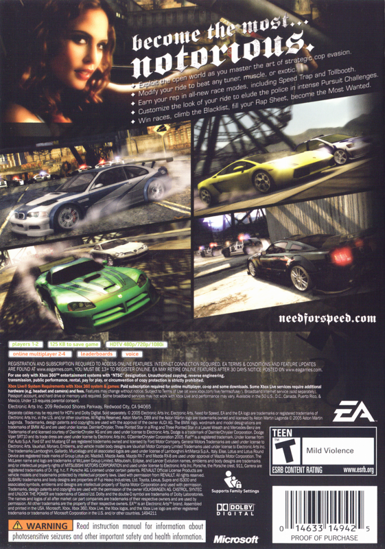 Back Cover for Need for Speed: Most Wanted (Xbox 360)