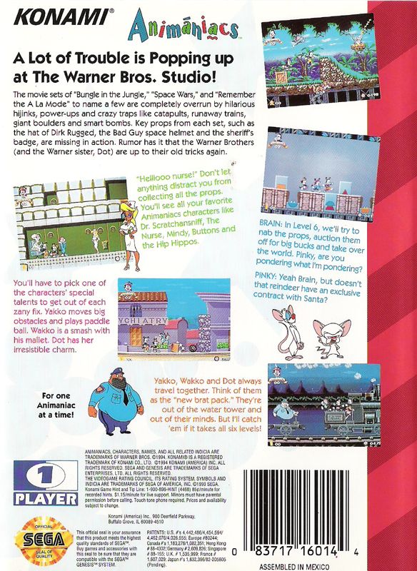 Back Cover for Animaniacs (Genesis)