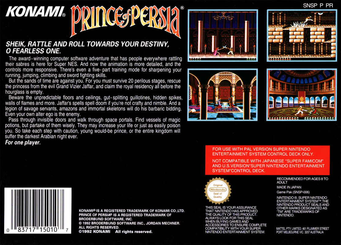 Back Cover for Prince of Persia (SNES)