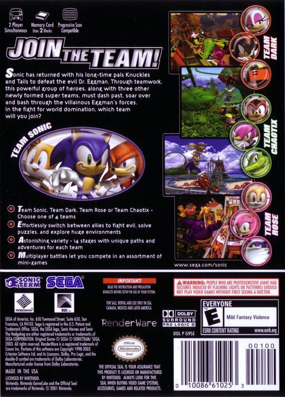Back Cover for Sonic Heroes (GameCube)