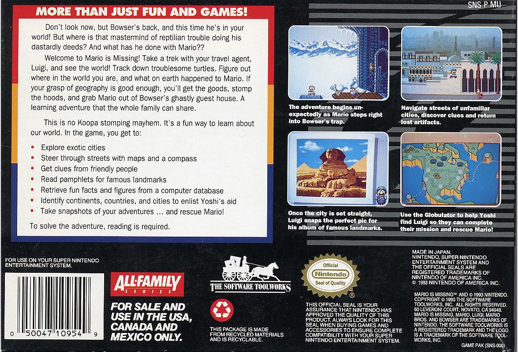 Back Cover for Mario is Missing! (SNES)