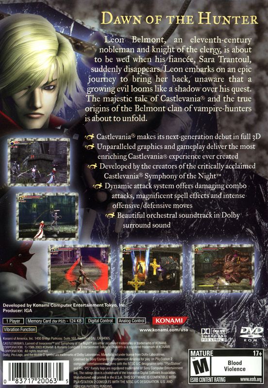 Back Cover for Castlevania: Lament of Innocence (PlayStation 2)