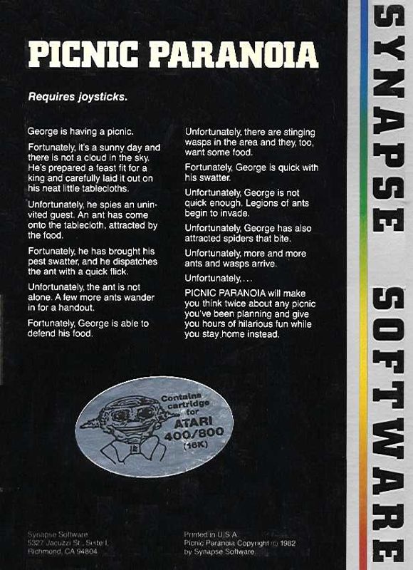 Back Cover for Picnic Paranoia (Atari 8-bit)
