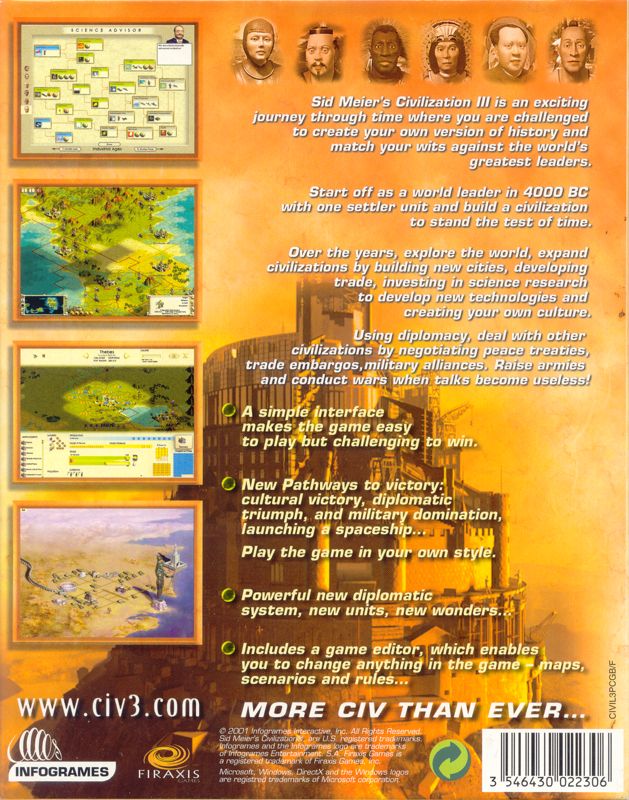 Back Cover for Sid Meier's Civilization III (Windows)