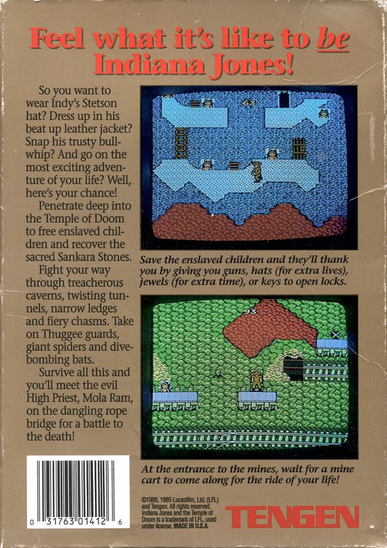 Back Cover for Indiana Jones and the Temple of Doom (NES) (Unlicensed Tengen Version)