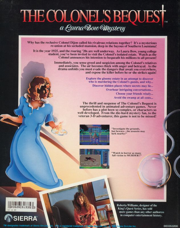 Back Cover for The Colonel's Bequest (DOS) (Dual-media release)