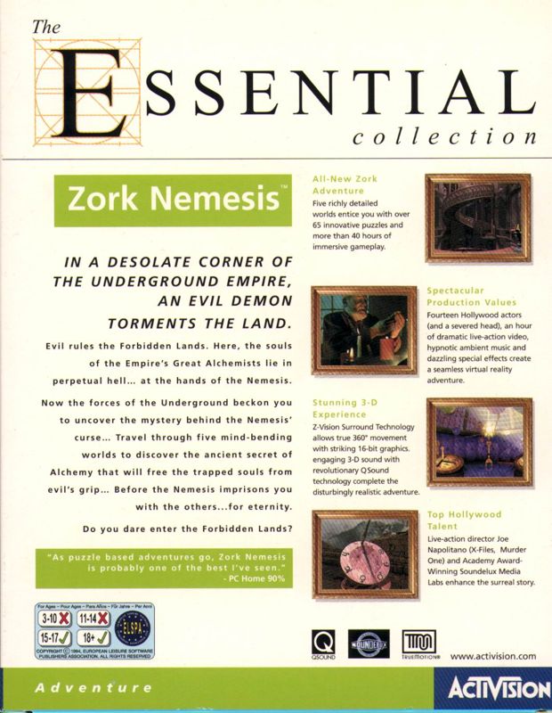 Back Cover for Zork Nemesis: The Forbidden Lands (DOS and Windows) (Essential Collection)