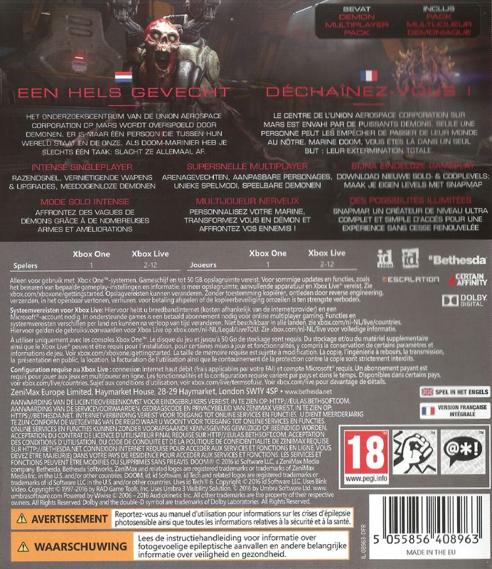 Back Cover for Doom (Day One Edition) (Xbox One)