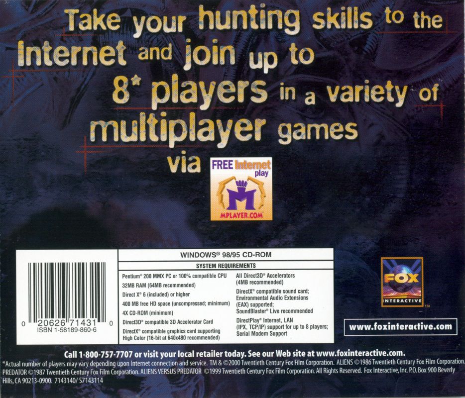 Back Cover for Aliens Versus Predator: Gold Edition (Windows) (Budget release)