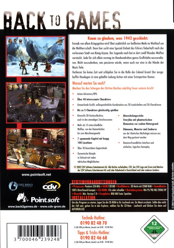 Back Cover for GROM: ...Terror in Tibet! (Windows) (Back to Games Release)