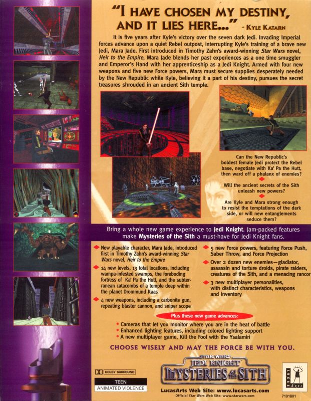 Back Cover for Star Wars: Jedi Knight - Mysteries of the Sith (Windows)