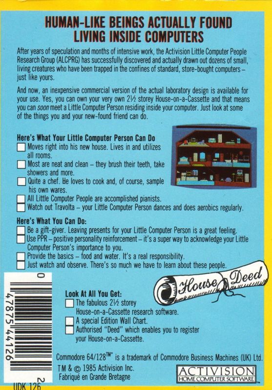Back Cover for Little Computer People (Commodore 64) (Cassette Keep Case)
