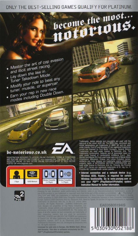 Back Cover for Need for Speed: Most Wanted 5-1-0 (PSP) (Platinum release)