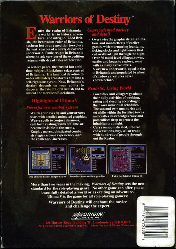 Back Cover for Ultima V: Warriors of Destiny (Commodore 128 and Commodore 64) (Alternate cover with no mention made of the Commodore 128)