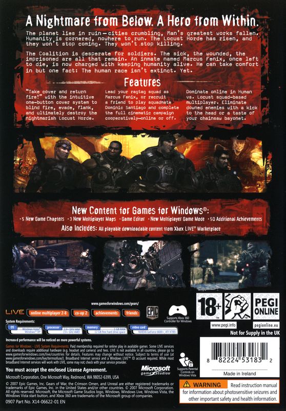 Back Cover for Gears of War (Windows) (European English release)