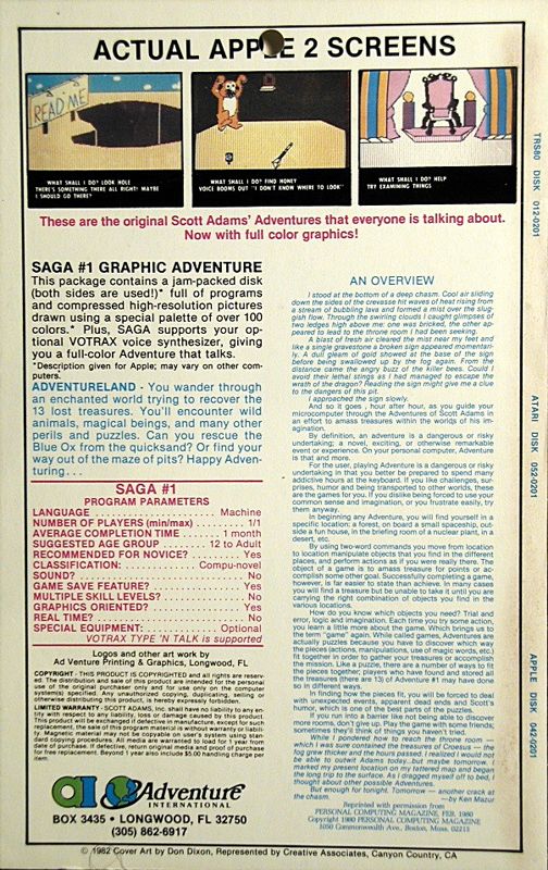 Back Cover for Scott Adams' Graphic Adventure #1: Adventureland (Apple II) (Styrofoam folder)