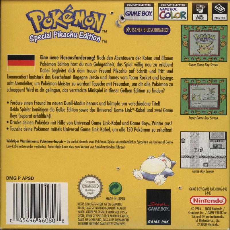 Back Cover for Pokémon Yellow Version: Special Pikachu Edition (Game Boy)