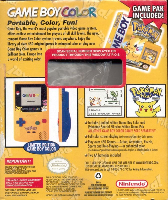 Back Cover for Pokémon Yellow Version: Special Pikachu Edition (Game Boy) (Packaged with Game Boy Color)