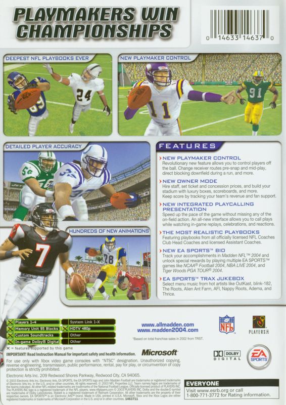 Back Cover for Madden NFL 2004 (Xbox)