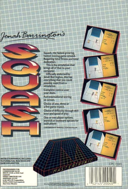 Back Cover for Jonah Barrington's Squash (Commodore 64 and PC Booter)
