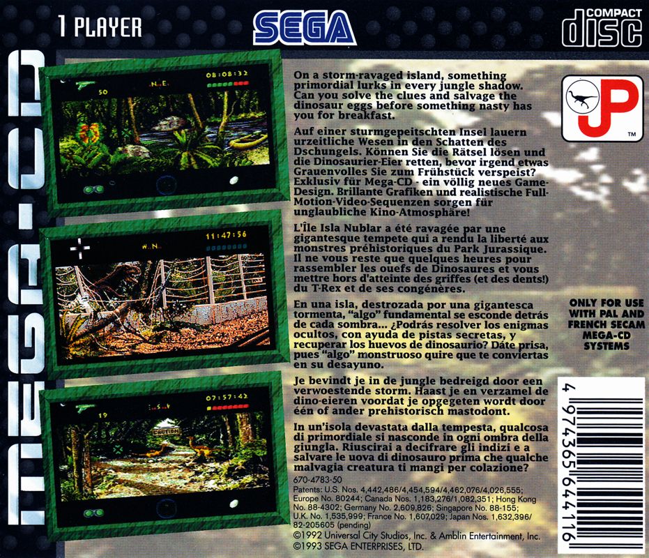 Back Cover for Jurassic Park (SEGA CD)