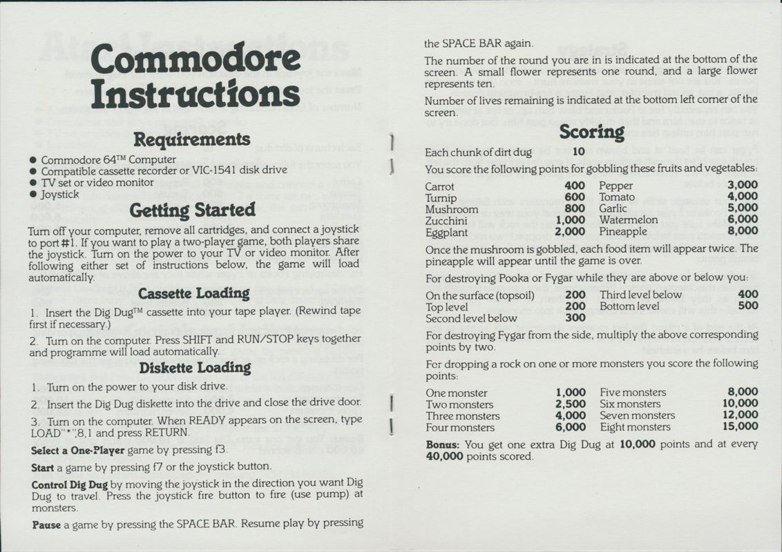 Manual for Dig Dug (Commodore 64): Commodore Instructions